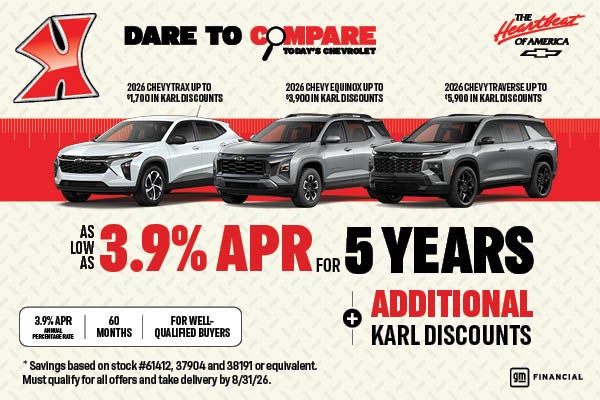 Get rates as low as 3.9% on select inventory at Karl Chevrolet of Webster City