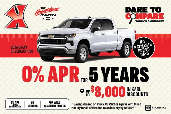 Gat rates as low at 0% for five years at Karl Chevrolet of Webster City