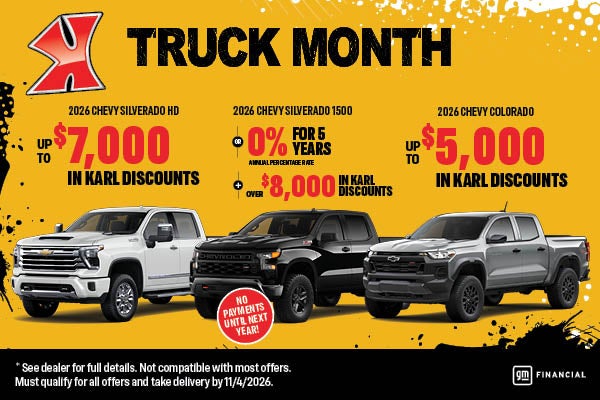 Get up to $8000 off select Chevy Trucks at Karl Chevrolet of Webster City