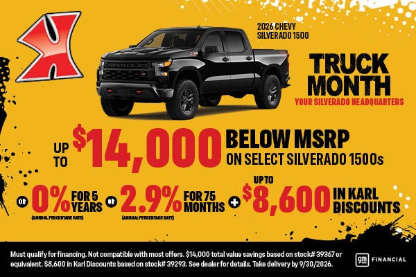 Get up to $14000 off MSRP on select Silverado 1500 at Karl Chevrolet of Webster City